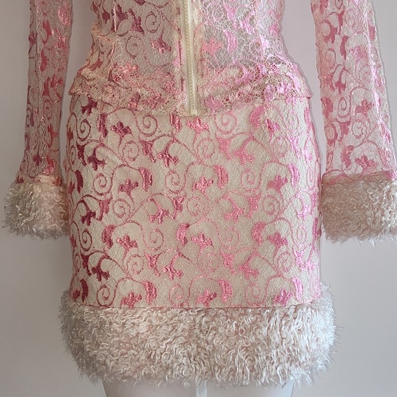 90s Vintage Pink & White Lace With Fur Set - Picture 7 of 12